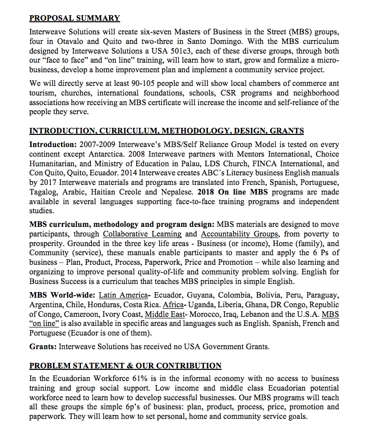 This is an example of a grant proposal to the U.S. Government. download (76 KB)